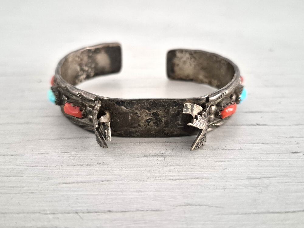 Vintage Wayne Cheama Zuni Sterling Silver Turquoise and Coral Watch Cuff